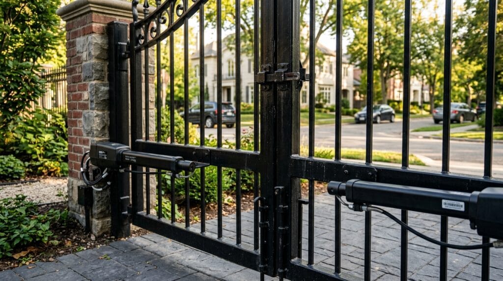 Detalle de brazos mecánicos en portón pivotante de hierro vistos desde el interior