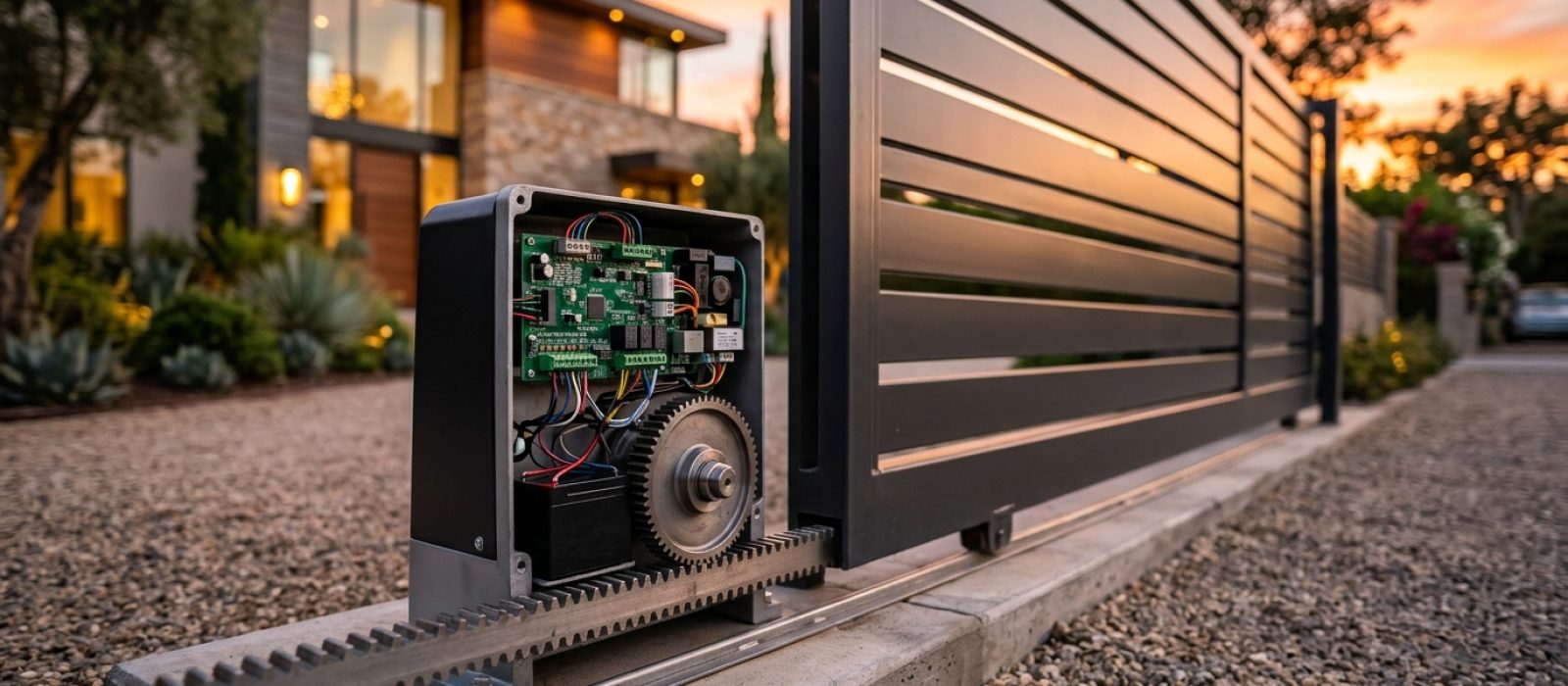 Diagnóstico técnico de problemas en motor de portón eléctrico corredizo con placa electrónica y cremallera a la vista.